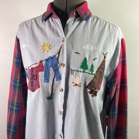 Casey & Max Top Women Size M Embroidered Top w Flannel Sleeves & Collar - Picture 2 of 8